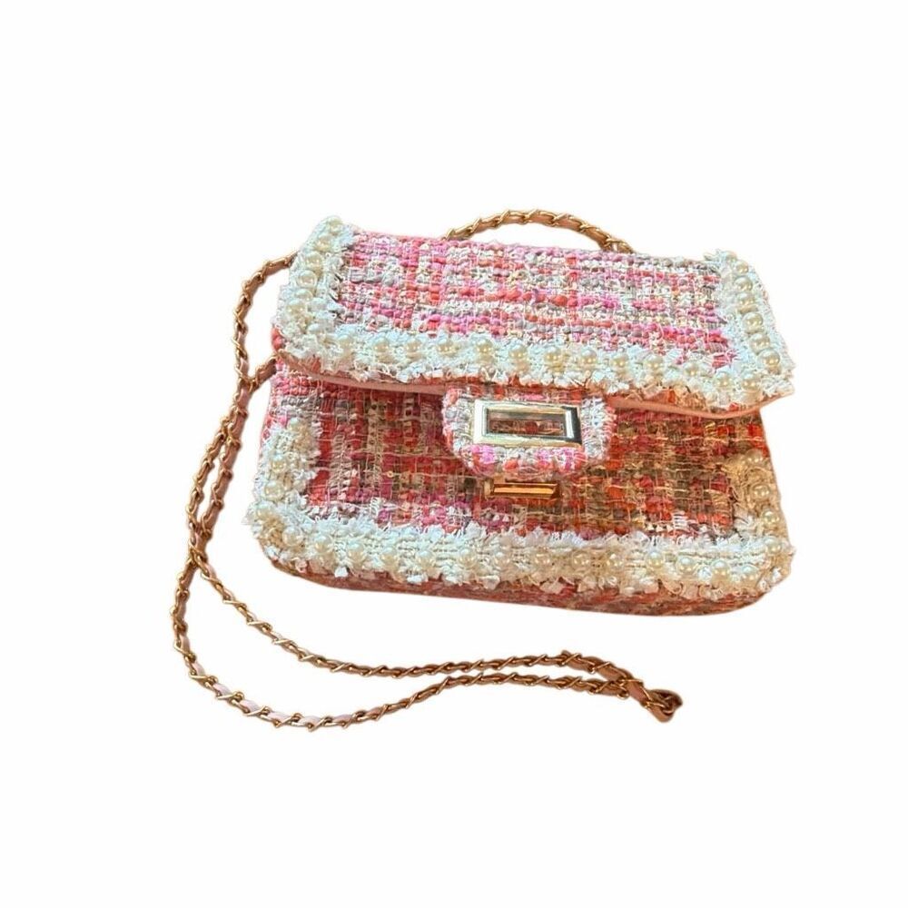 Classic tweed pearl pink shoulder bag purse super cute classic gold closure - Picture 6 of 9